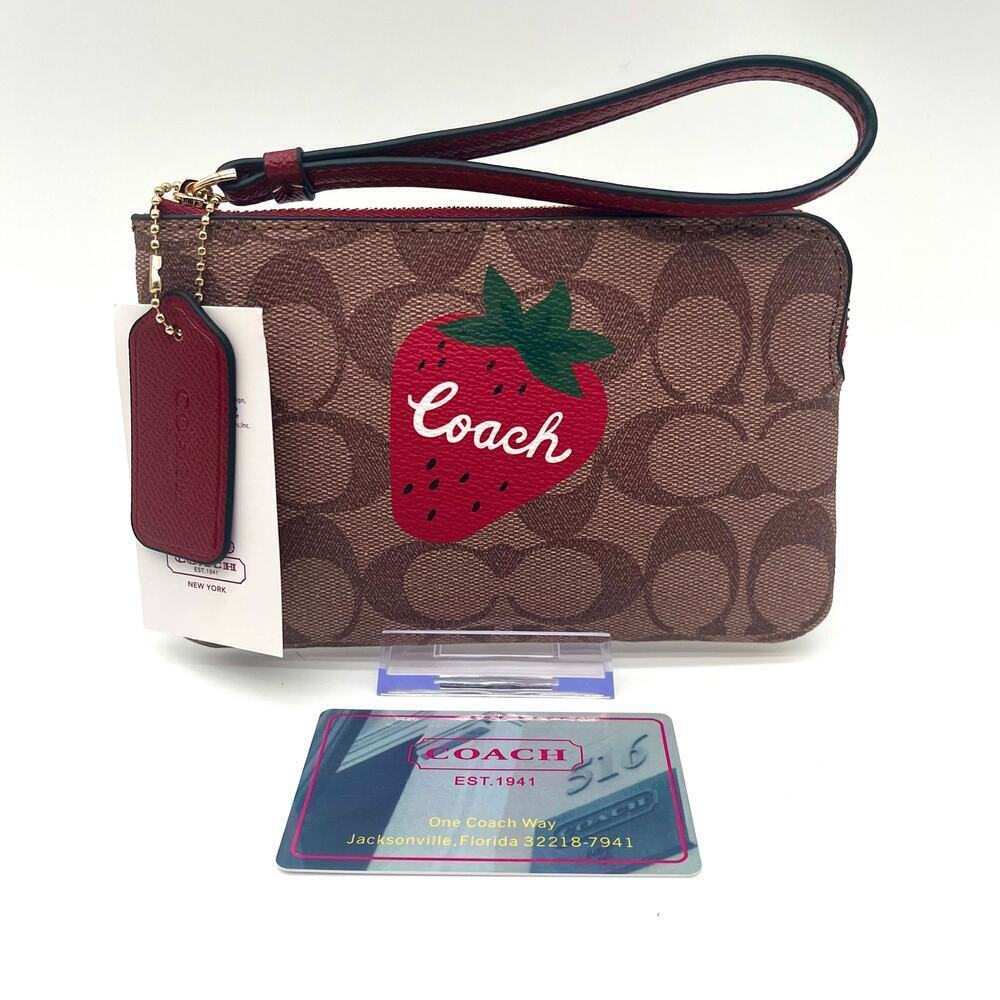 COACH NWT Signature Leather Strawberry Corner Zip Wristlet